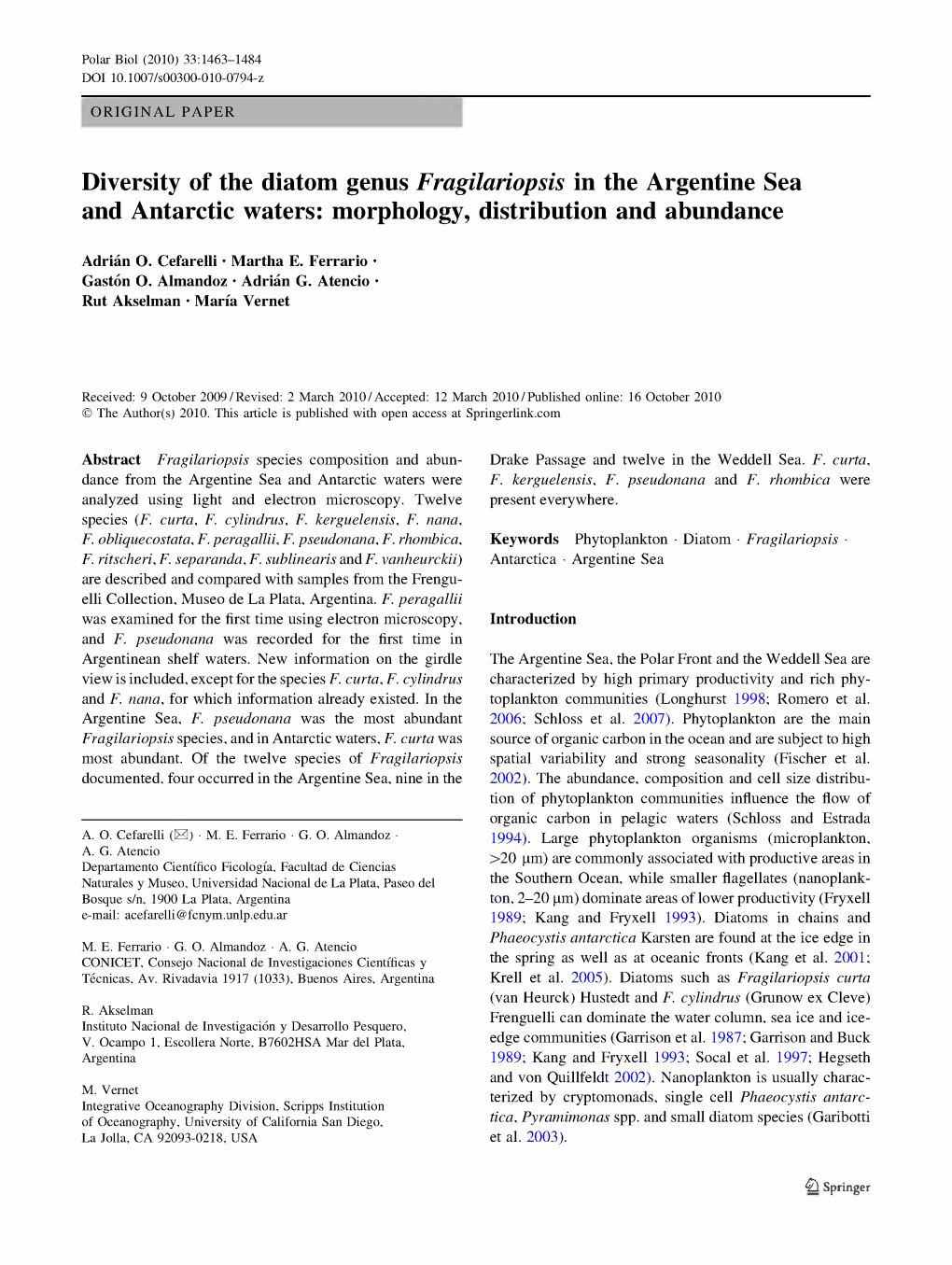 Diversity of the Diatom Genus Fragilariopsis in the Argentine Sea and Antarctic Waters: Morphology, Distribution and Abundance