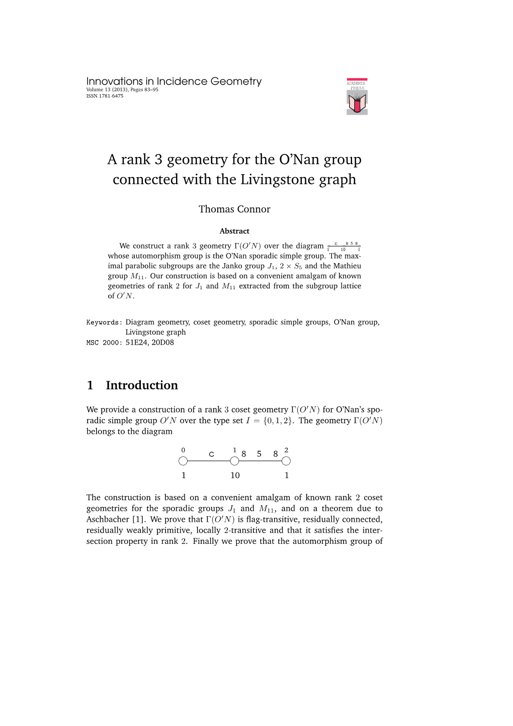 A Rank 3 Geometry for the O'nan Group Connected with the Livingstone Graph