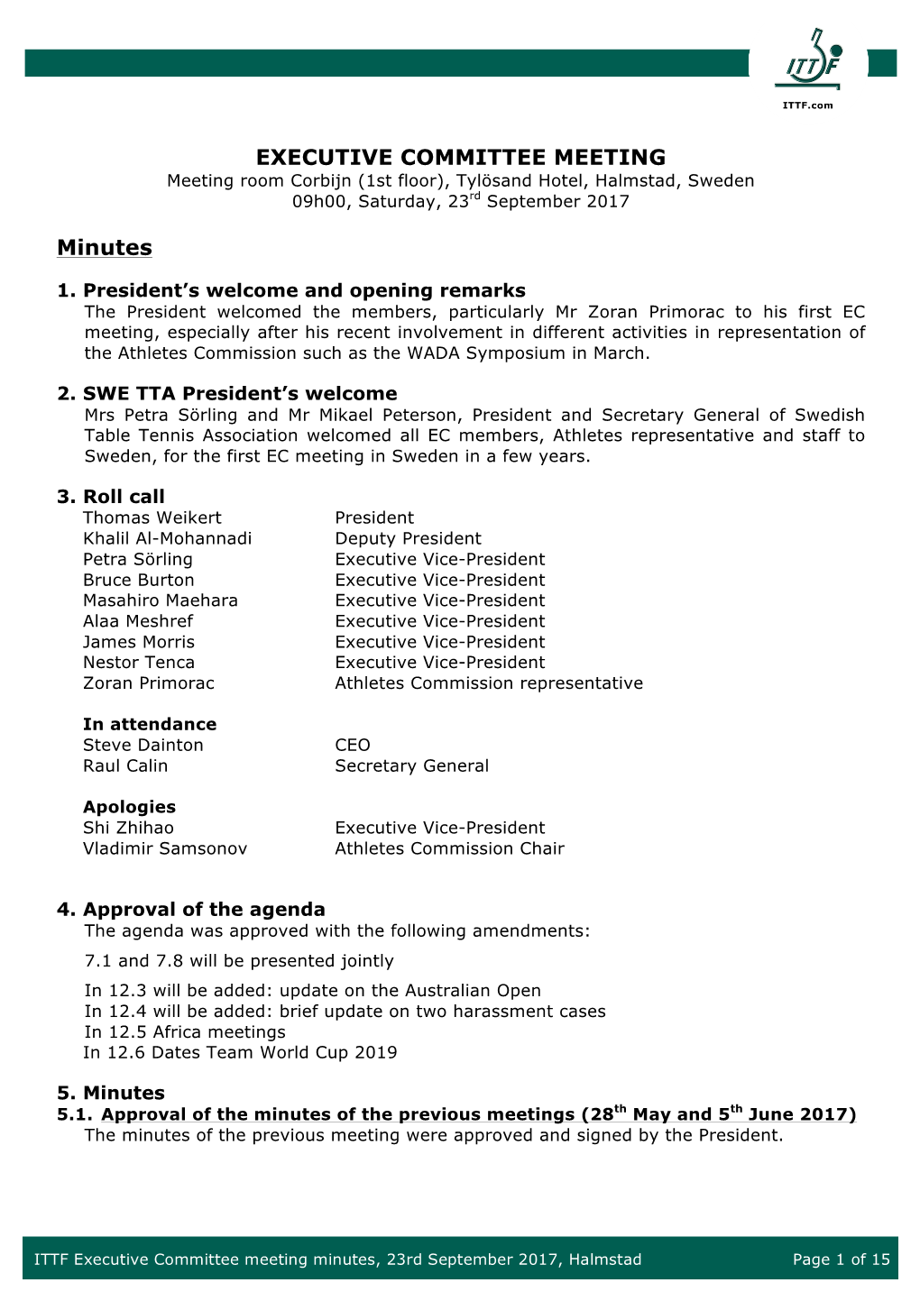 Executive Committee Meeting Minutes, 23Rd September 2017, Halmstad Page 1 of 15