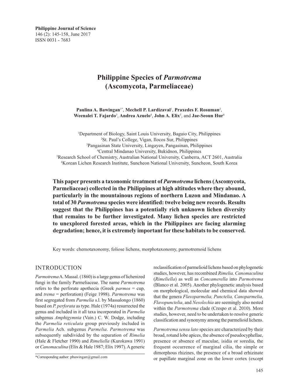 Philippine Species of Parmotrema (Ascomycota, Parmeliaceae)