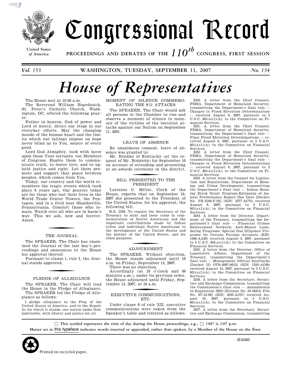 Congressional Record United States Th of America PROCEEDINGS and DEBATES of the 110 CONGRESS, FIRST SESSION