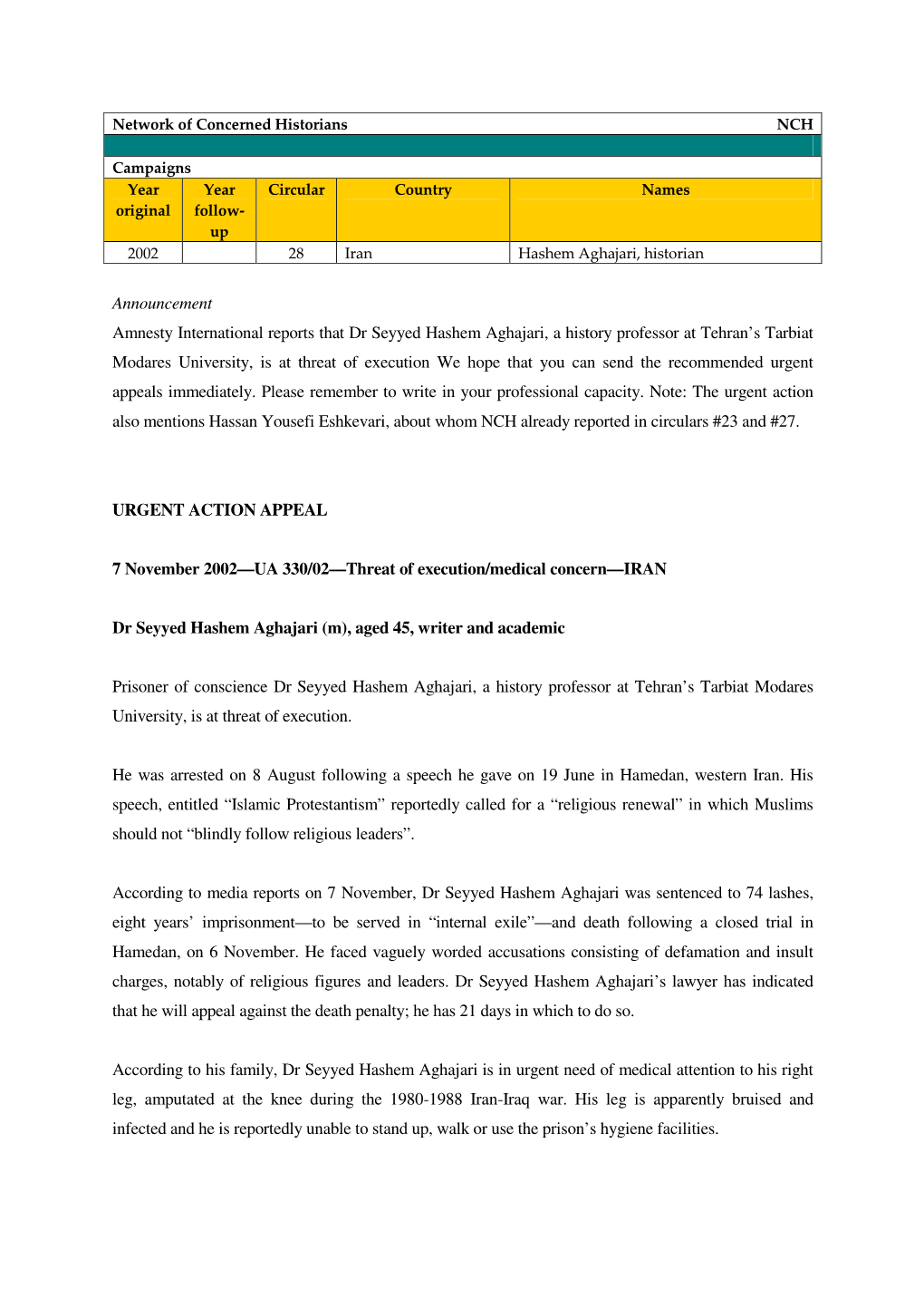 Announcement Amnesty International Reports That Dr Seyyed Hashem