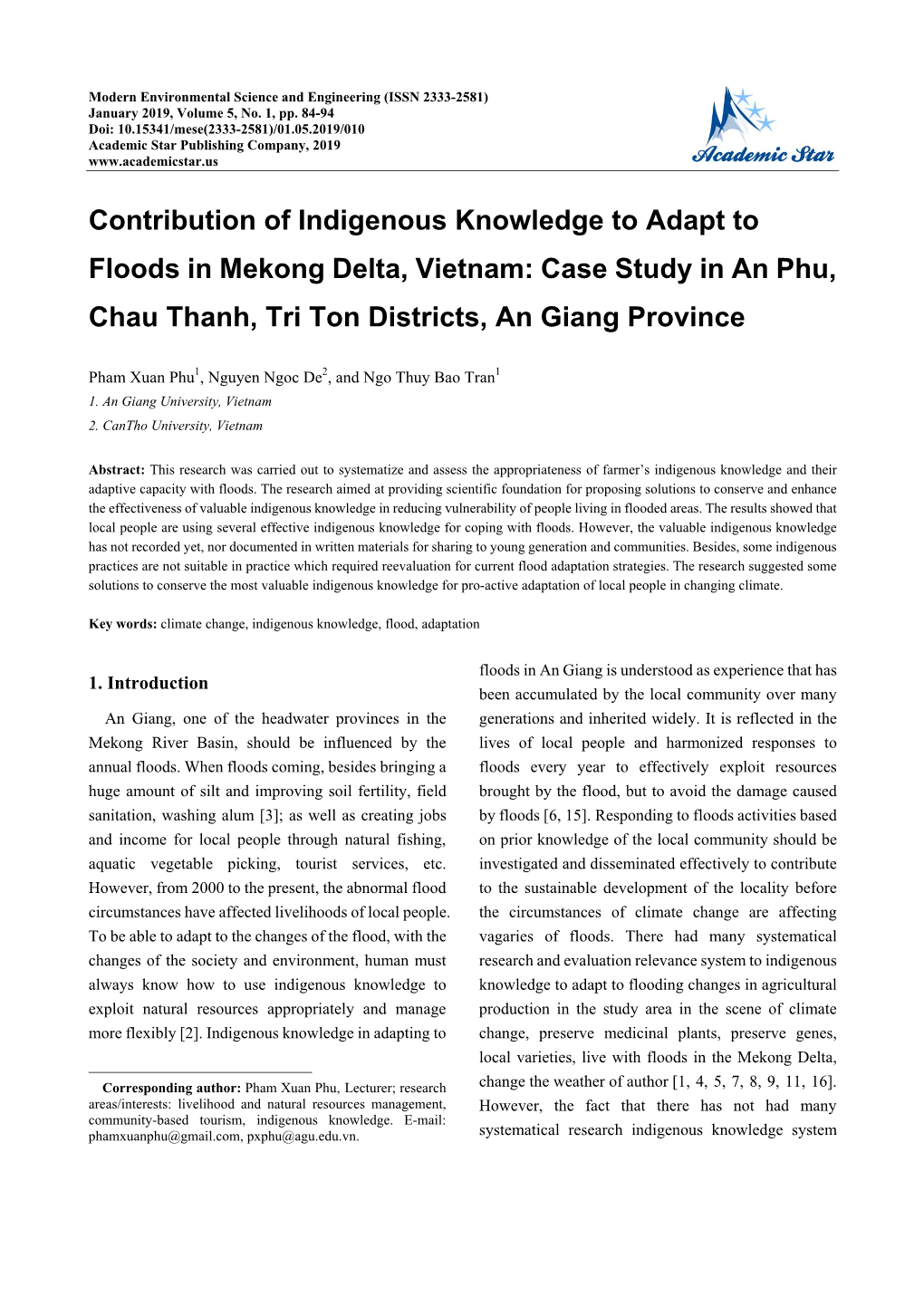Contribution of Indigenous Knowledge to Adapt to Floods in Mekong Delta, Vietnam: Case Study in an Phu, Chau Thanh, Tri Ton Districts, an Giang Province