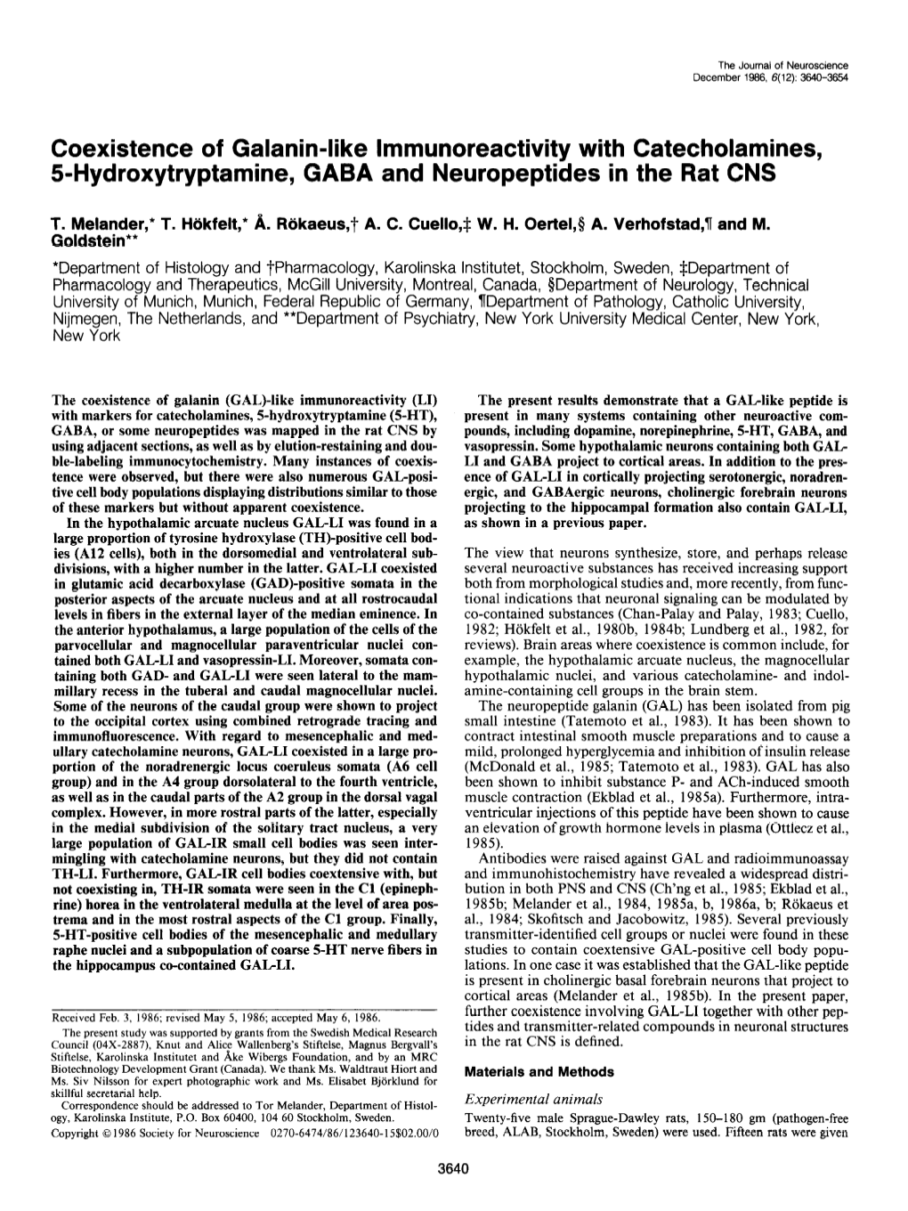 Coexistence of Galanin-Like Lmmunoreactivity with Catecholamines, 5=Hydroxytryptamine, GABA and Neuropeptides in the Rat CNS