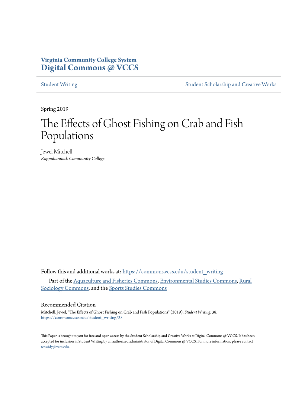 The Effects of Ghost Fishing on Crab and Fish Populations" (2019)