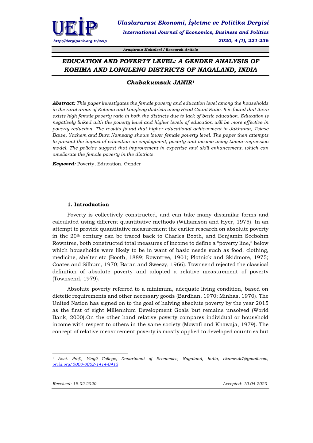 Education and Poverty Level: a Gender Analysis of Kohima and Longleng Districts of Nagaland, India