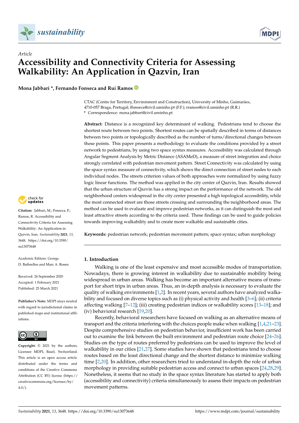 Accessibility and Connectivity Criteria for Assessing Walkability: an Application in Qazvin, Iran