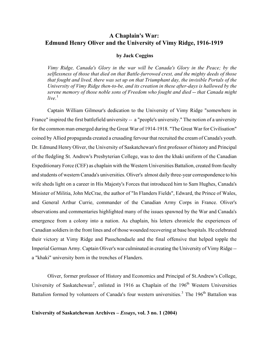 A Chaplain's War: Edmund Henry Oliver and the University of Vimy Ridge, 1916-1919