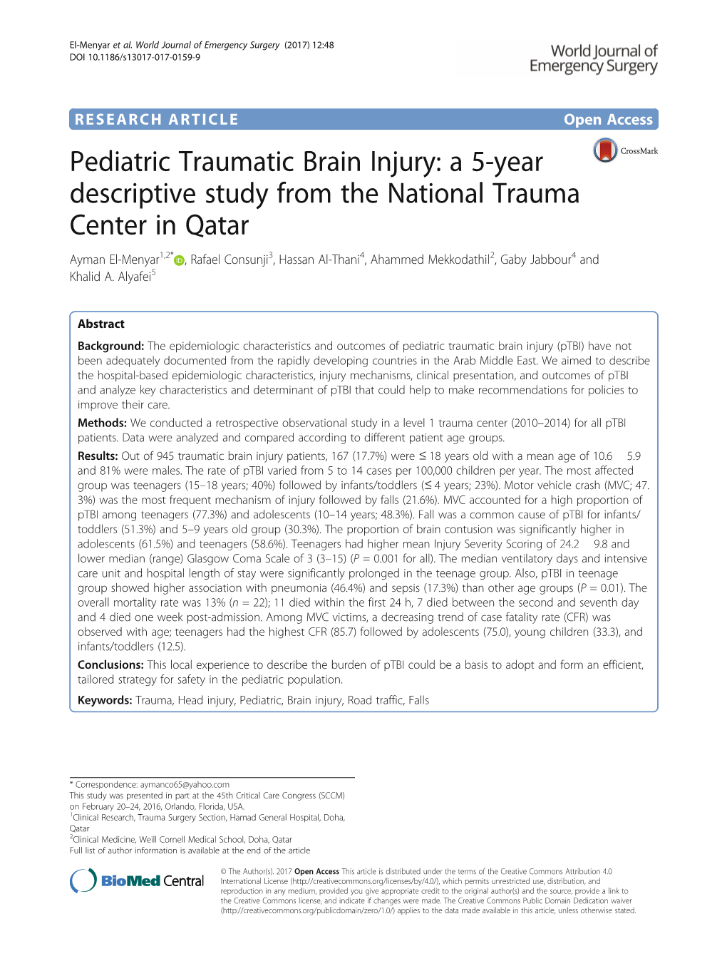 Pediatric Traumatic Brain Injury: a 5-Year Descriptive Study from The