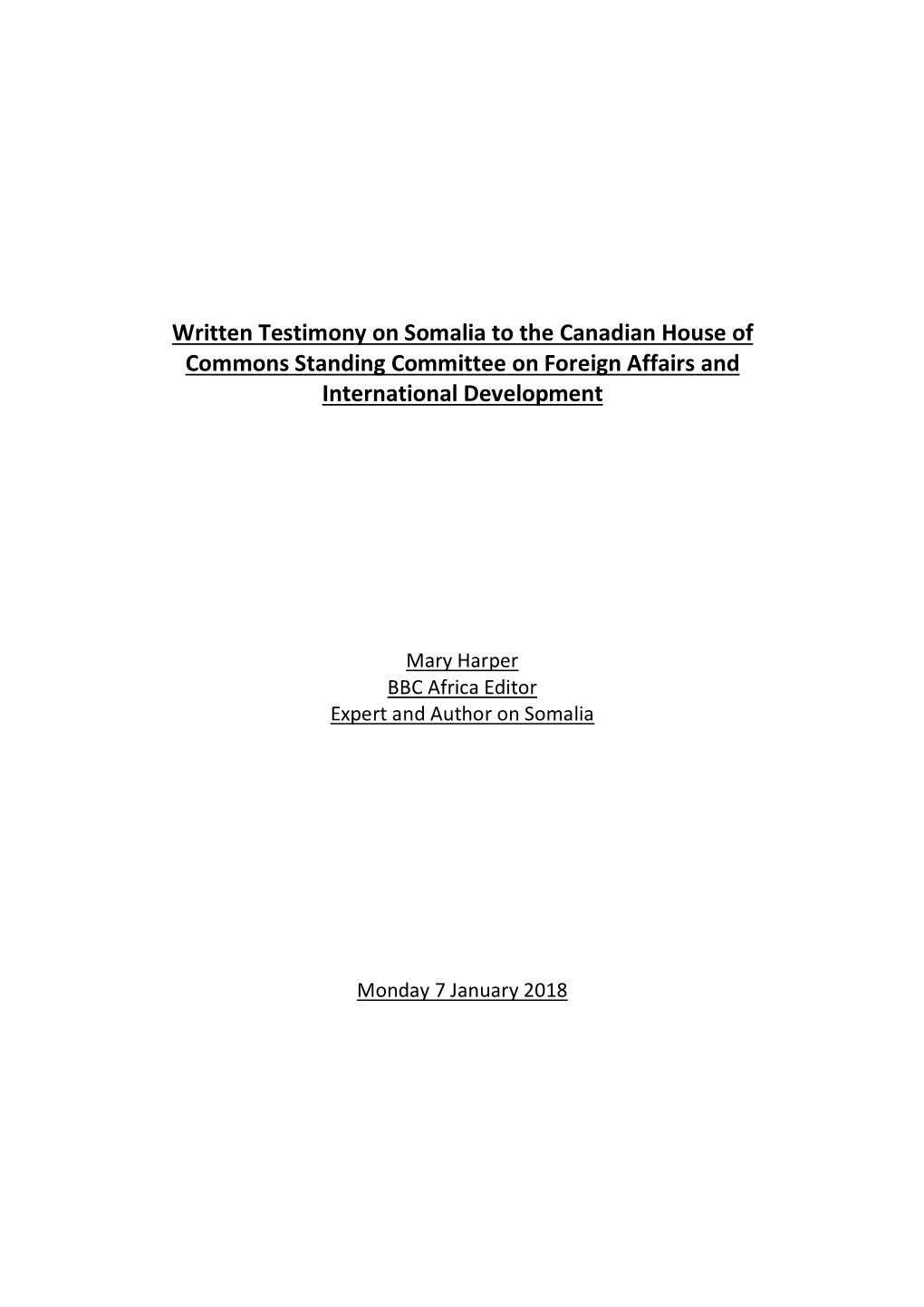 Written Testimony on Somalia to the Canadian House of Commons Standing Committee on Foreign Affairs and International Development