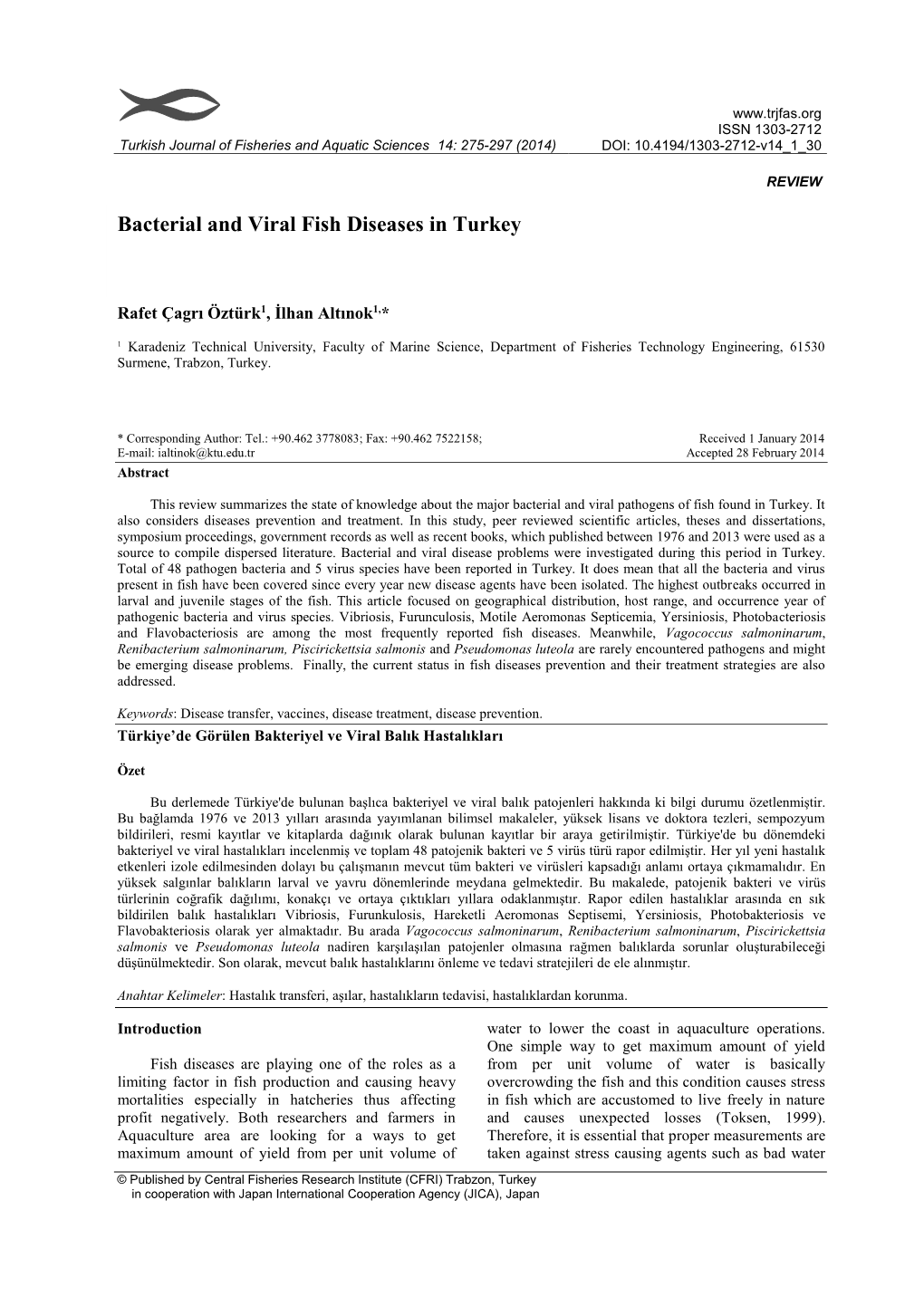 Bacterial and Viral Fish Diseases in Turkey