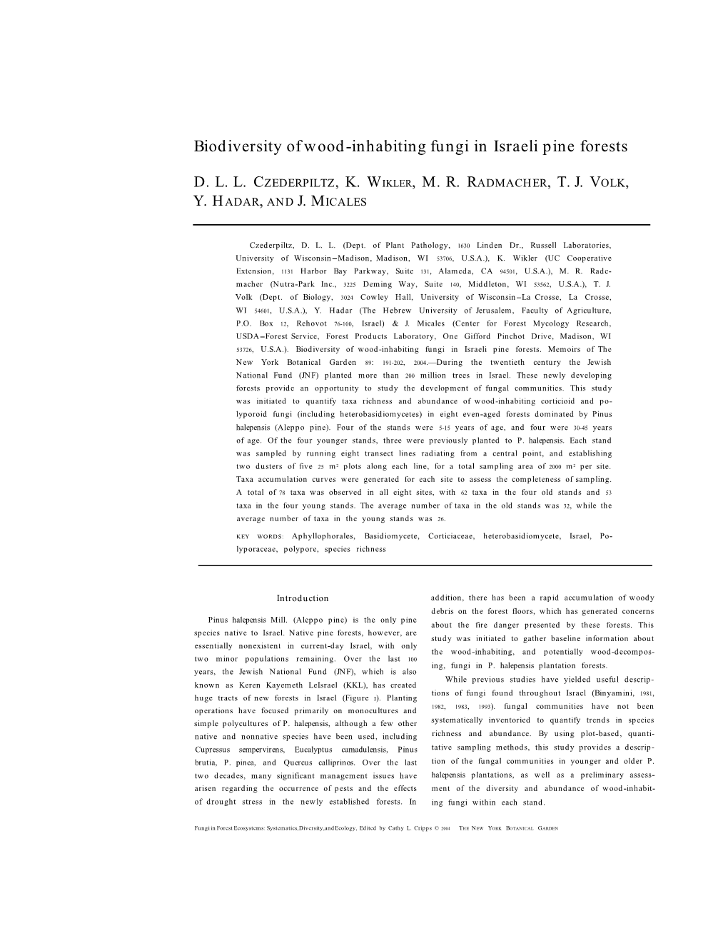 Biodiversity of Wood-Inhabiting Fungi in Israeli Pine Forests