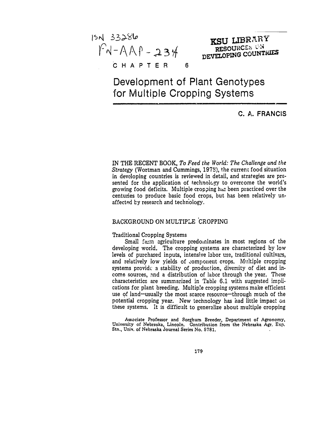 Development of Plant Genotypes for Multiple Cropping Systems