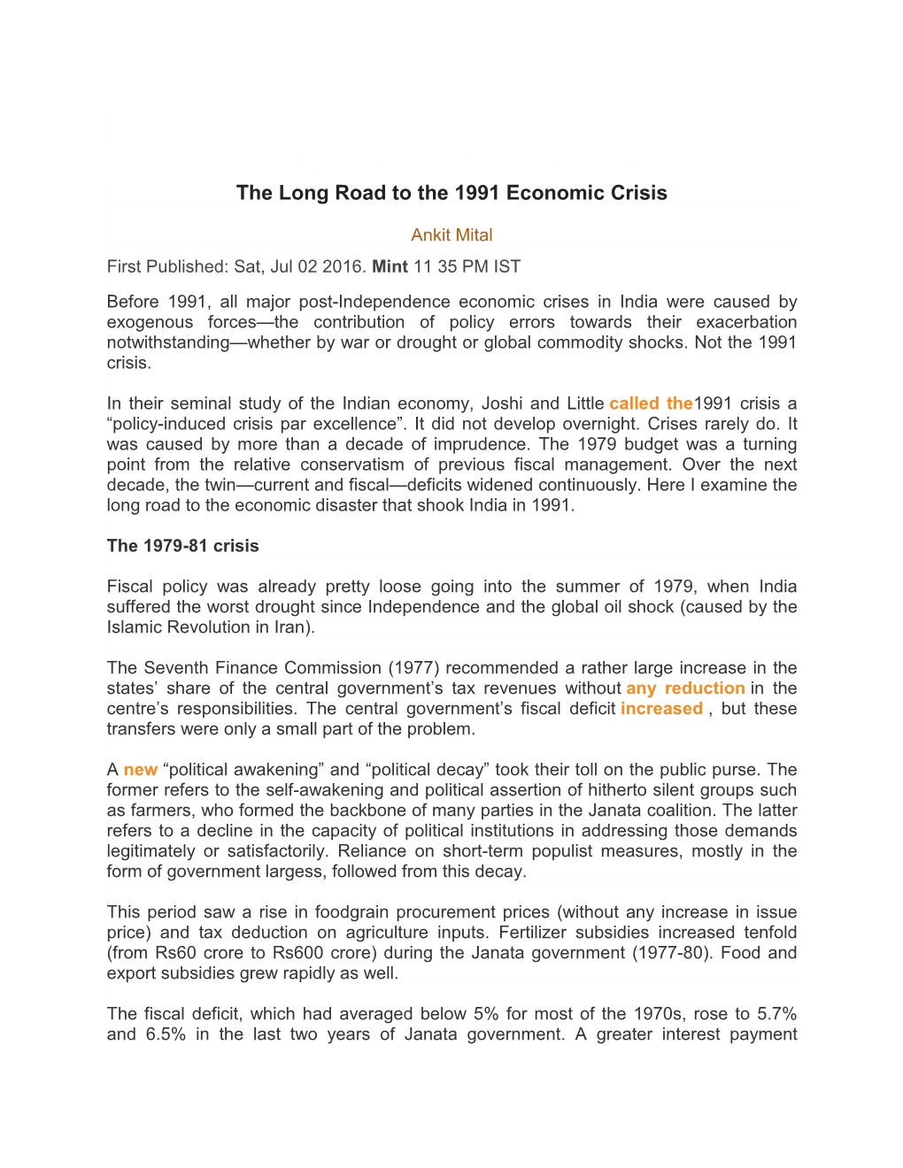 The Long Road to the 1991 Economic Crisis the Long Road to the 1991 Economic Crisis the Long Road to the 1991 Economic Crisis