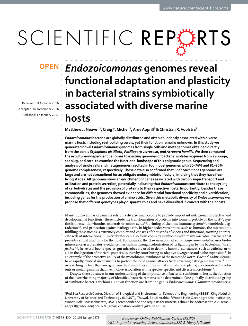 Endozoicomonas Genomes Reveal Functional Adaptation and Plasticity