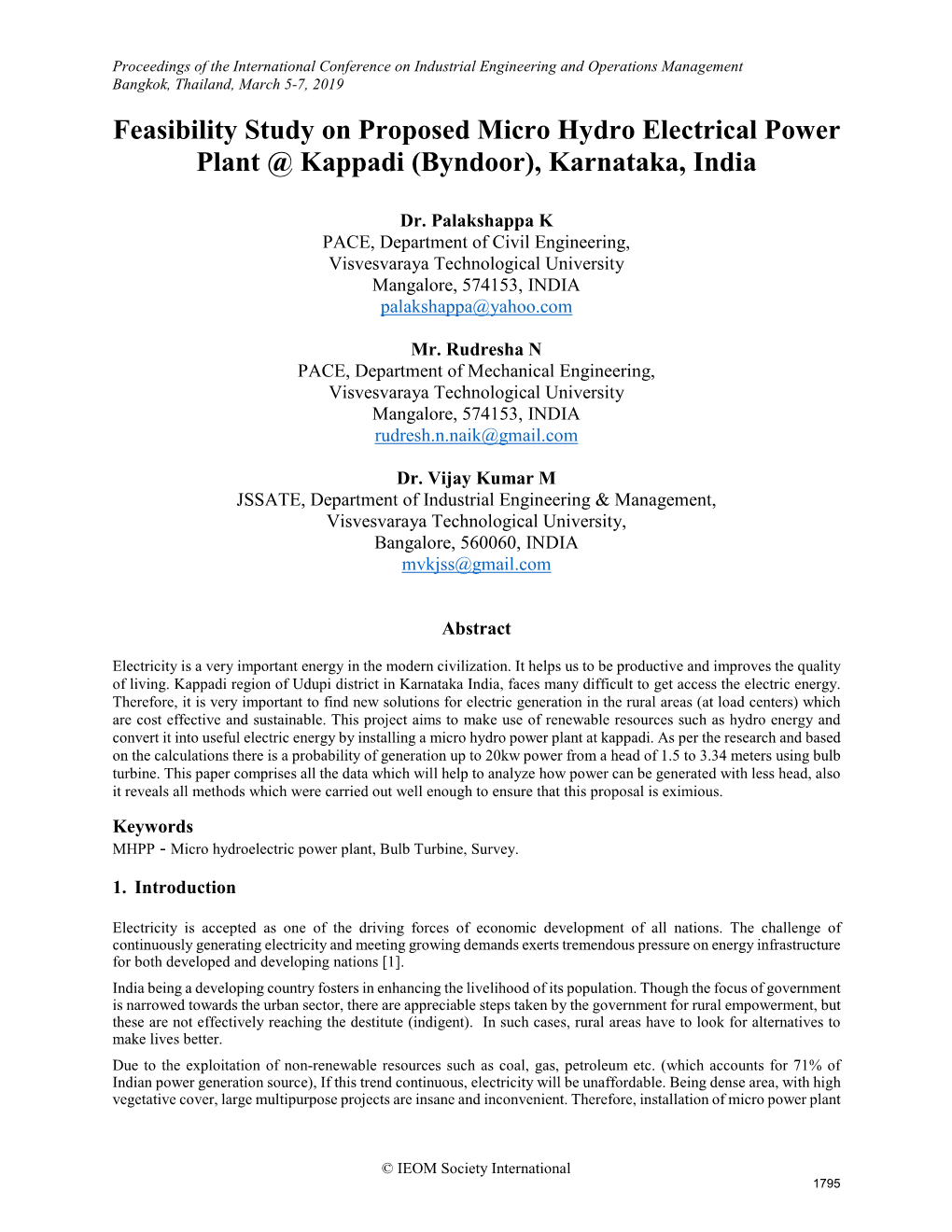 Feasibility Study on Proposed Micro Hydro Electrical Power Plant @ Kappadi (Byndoor), Karnataka, India