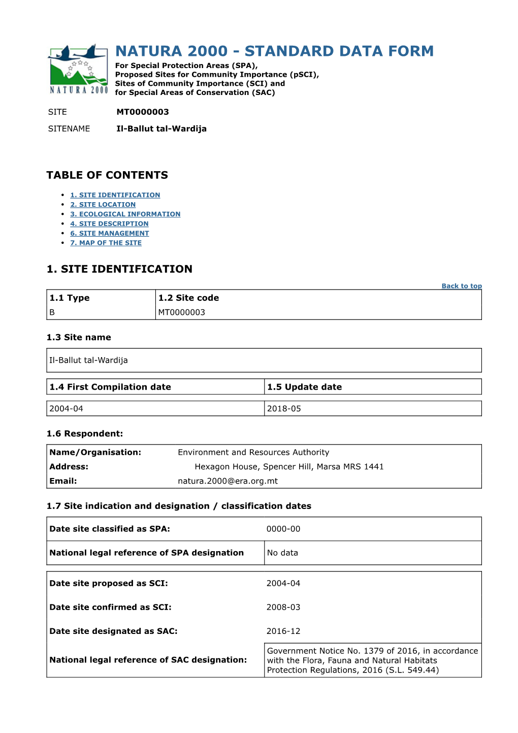 Standard Data Form