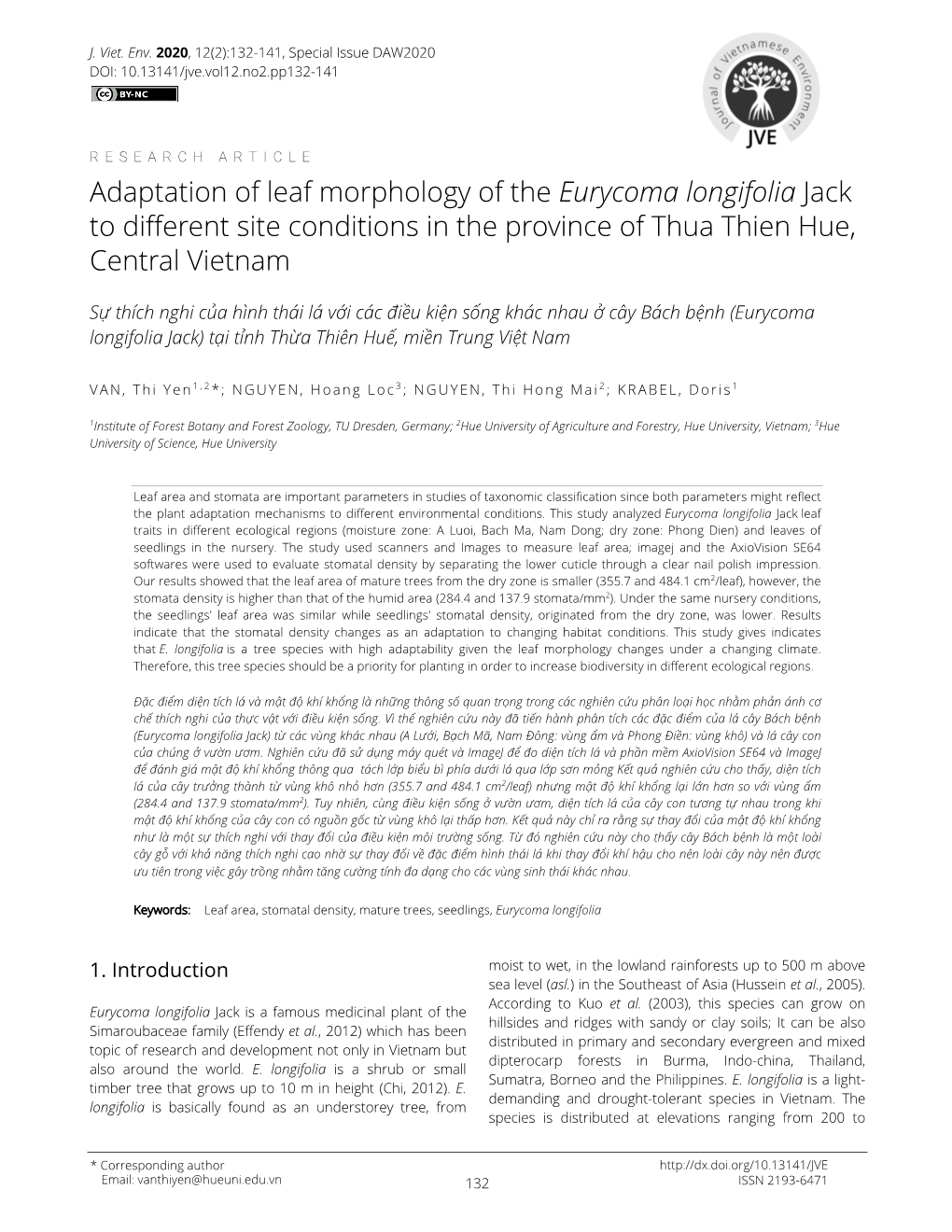 Adaptation of Leaf Morphology of the Eurycoma Longifolia Jack to Different Site Conditions in the Province of Thua Thien Hue, Central Vietnam