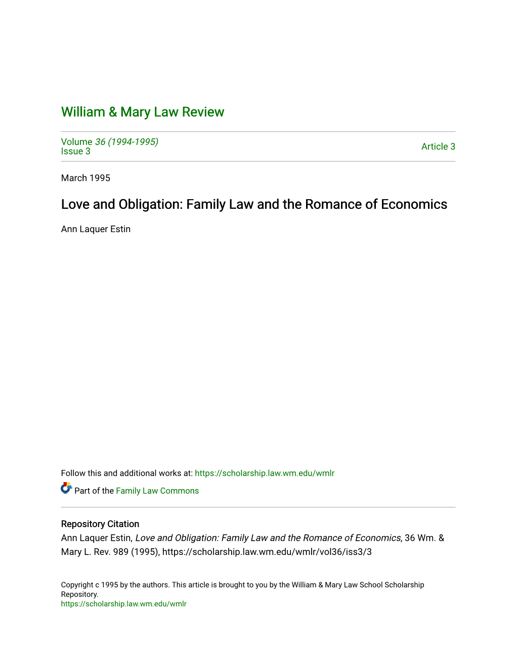 Love and Obligation: Family Law and the Romance of Economics