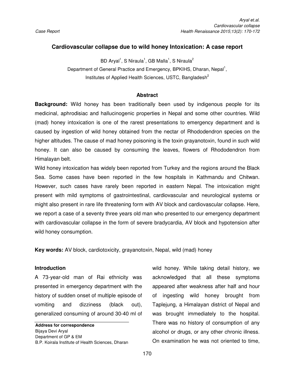 Cardiovascular Collapse Due to Wild Honey Intoxication: a Case Report