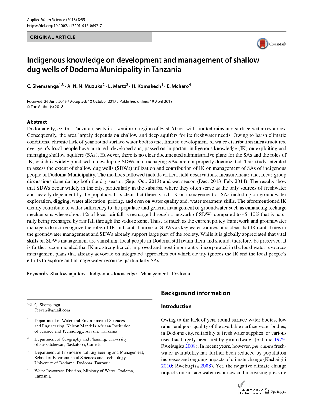 Indigenous Knowledge on Development and Management of Shallow Dug Wells of Dodoma Municipality in Tanzania