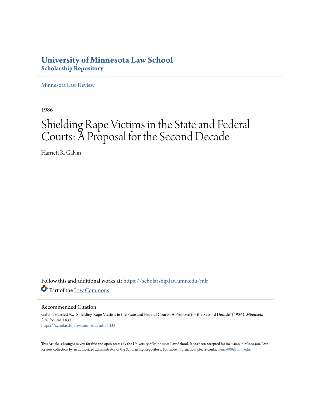 Shielding Rape Victims in the State and Federal Courts: a Proposal for the Second Decade Harriett R