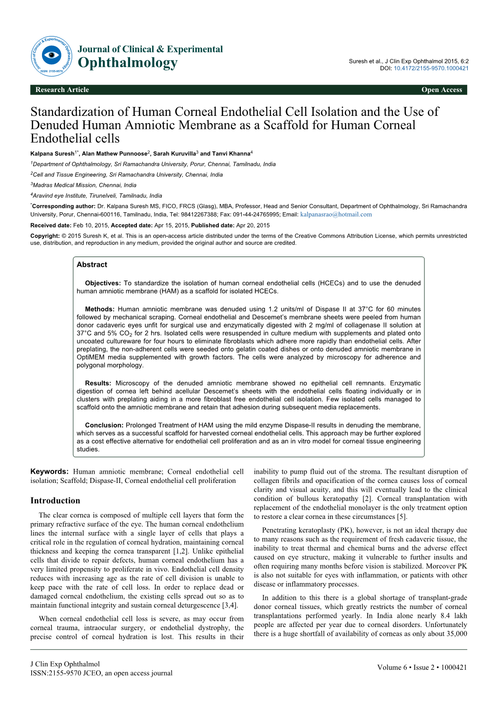 Standardization of Human Corneal Endothelial Cell Isolation and The