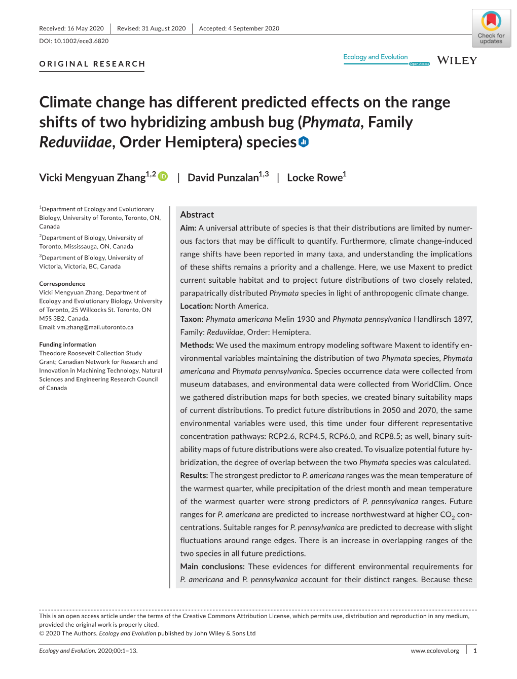 Climate Change Has Different Predicted Effects on the Range Shifts of Two Hybridizing Ambush Bug (Phymata, Family Reduviidae, Order Hemiptera) Species