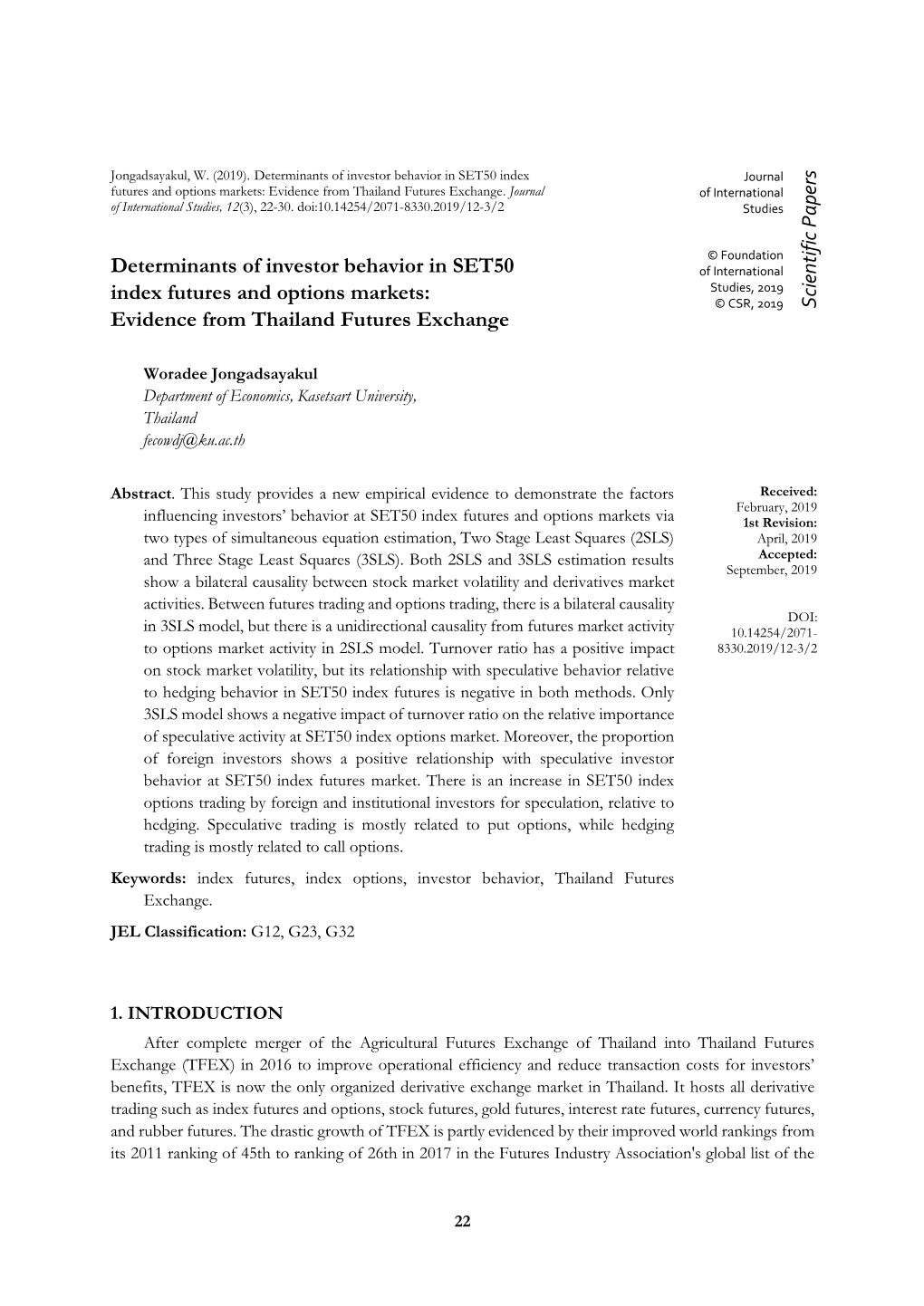 Determinants of Investor Behavior in SET50 Index Futures and Options Markets by Employing Simultaneous Equation Estimation