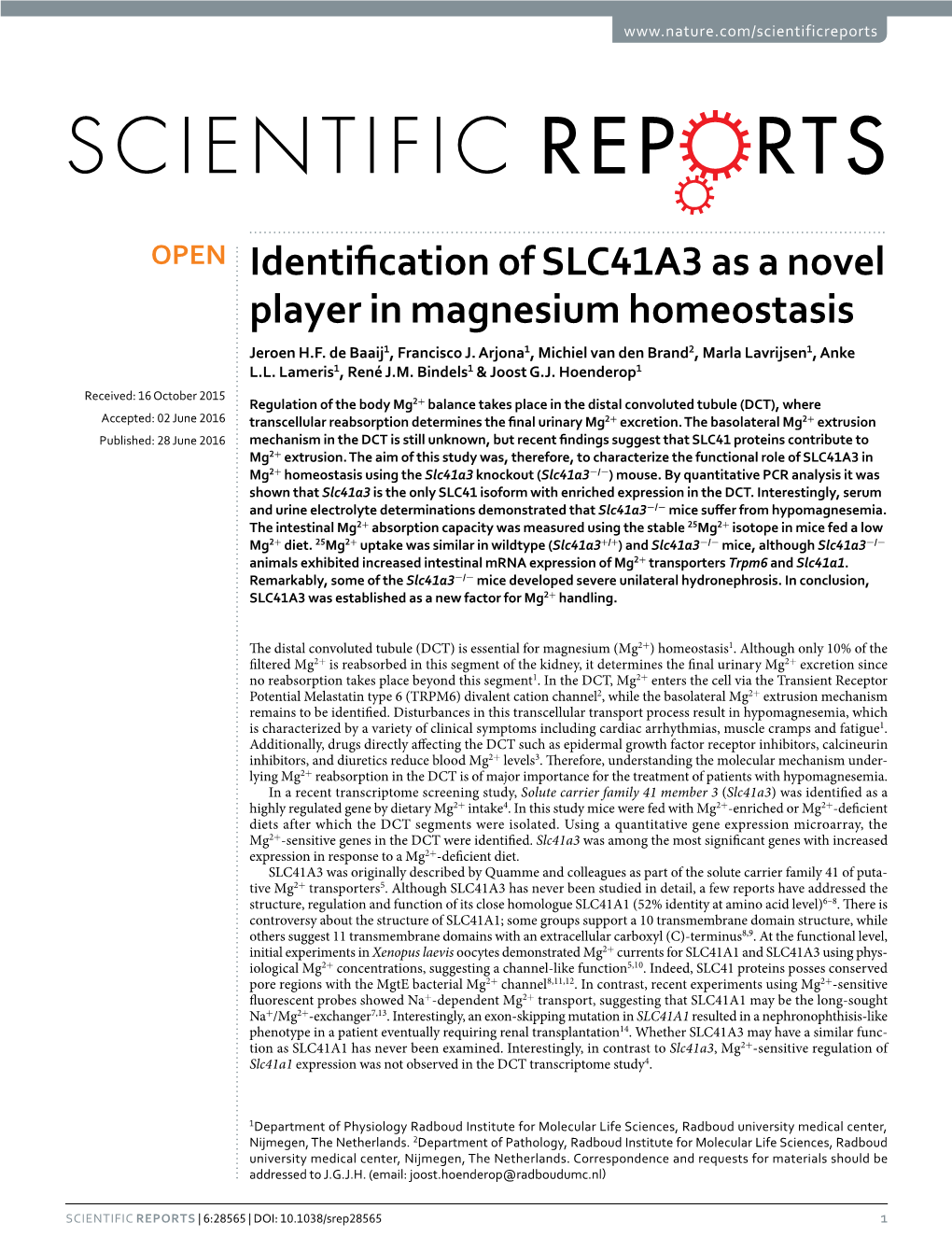 Identification of SLC41A3 As a Novel Player in Magnesium Homeostasis Jeroen H.F