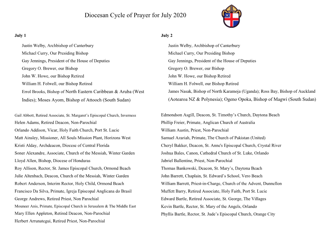 Diocesan Cycle of Prayer for July 2020