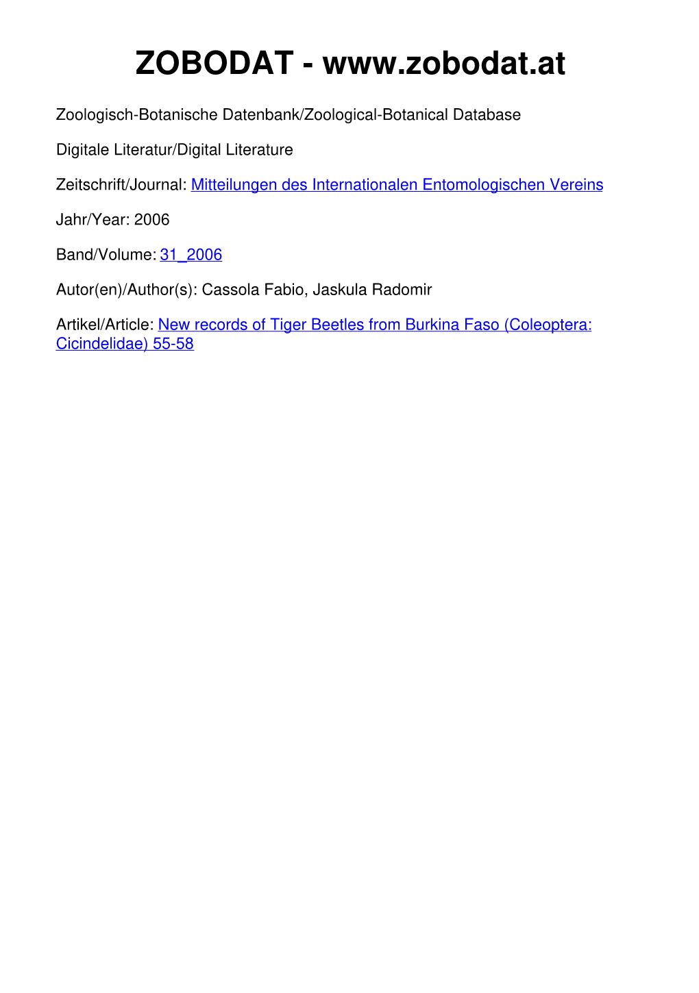 New Records of Tiger Beetles from Burkina Faso (Coleoptera: Cicindelidae) 55-58 Mitt