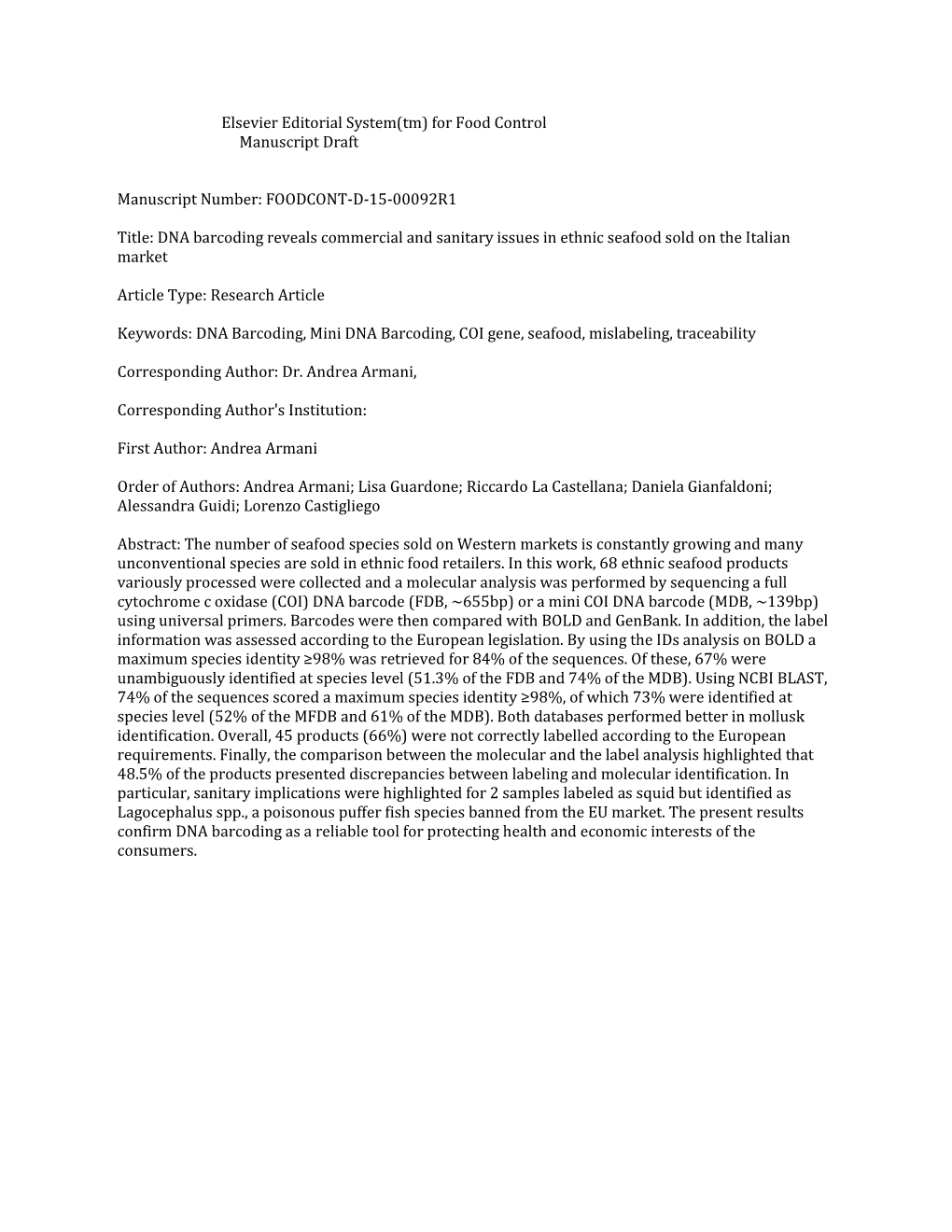 Elsevier Editorial System(Tm) for Food Control Manuscript Draft