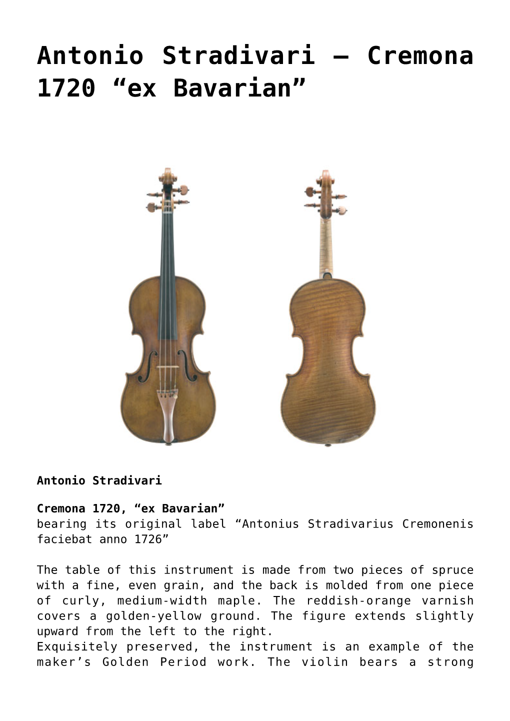 Antonio Stradivari &#8211; Cremona 1720 &#8220