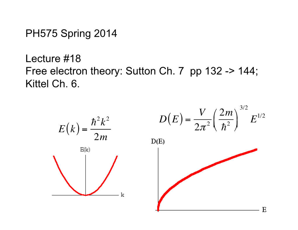 PH575 Spring 2014 Lecture #18 Free Electron Theory