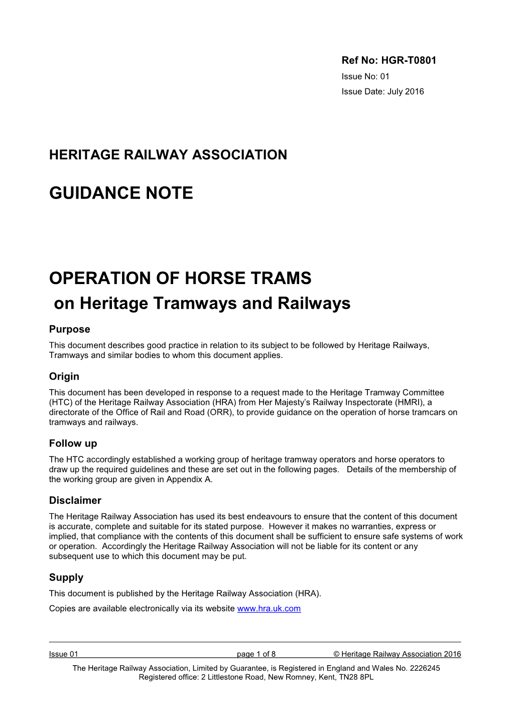 GUIDANCE NOTE OPERATION of HORSE TRAMS on Heritage