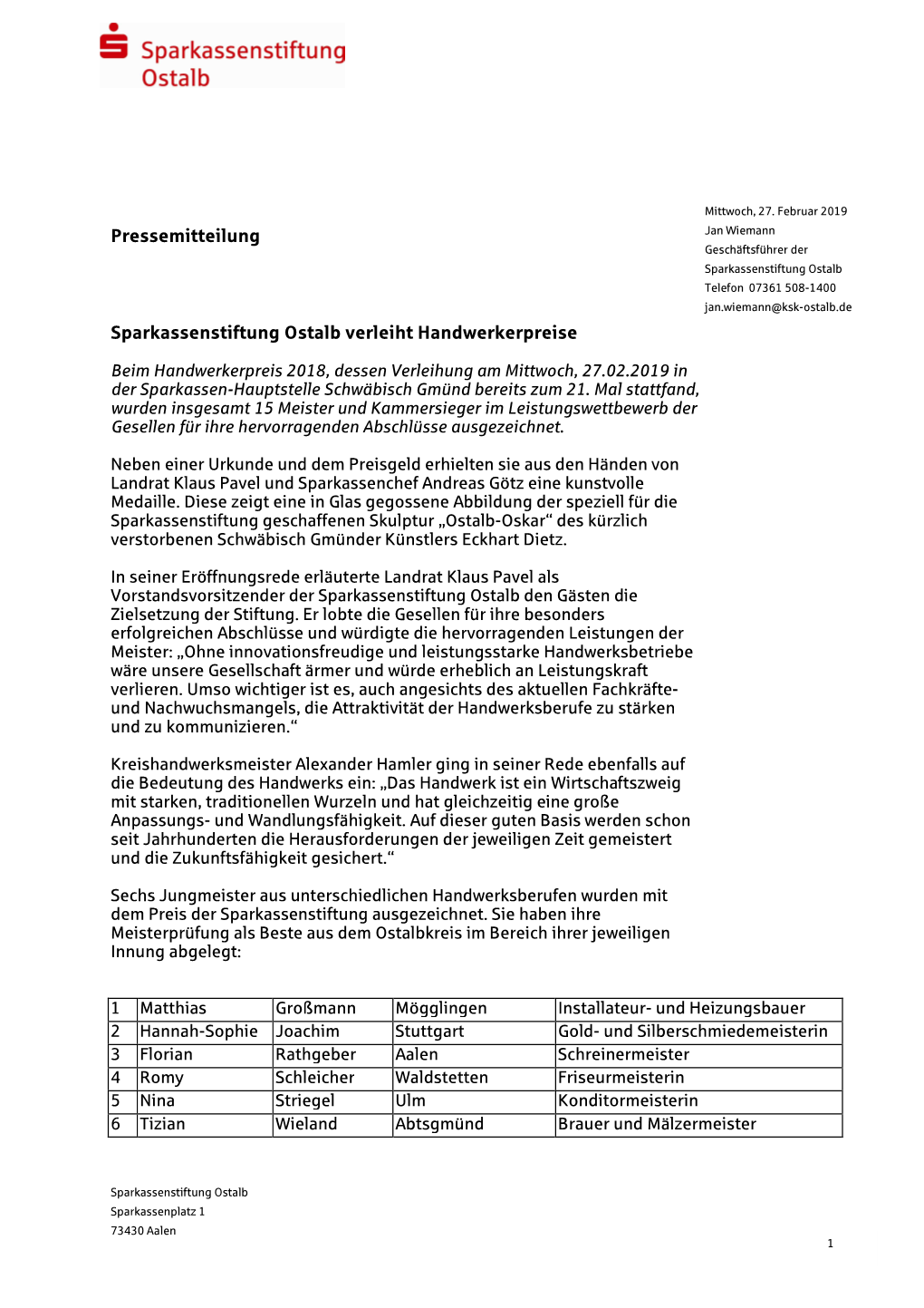 Handwerkerpreis 2018, Dessen Verleihung Am Mittwoch, 27.02.2019 in Der Sparkassen-Hauptstelle Schwäbisch Gmünd Bereits Zum 21