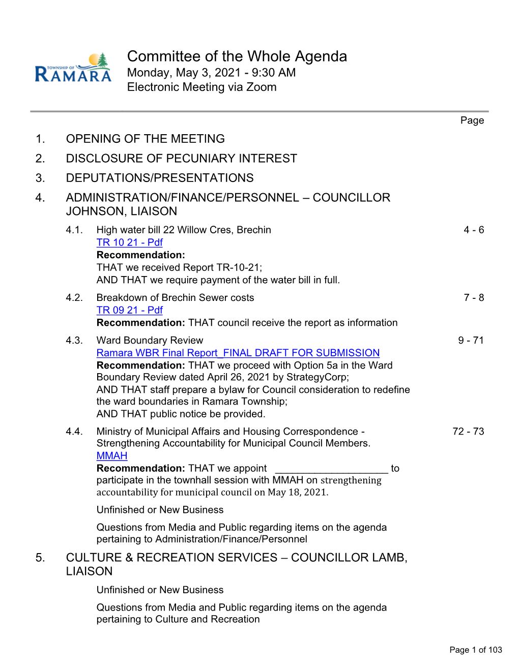 Committee of the Whole Agenda Monday, May 3, 2021 - 9:30 AM Electronic Meeting Via Zoom