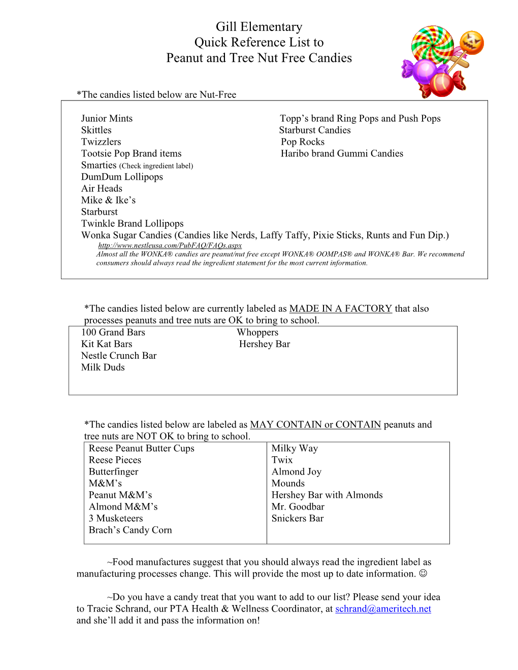 Gill Elementary Quick Reference List to Peanut and Tree Nut Free Candies