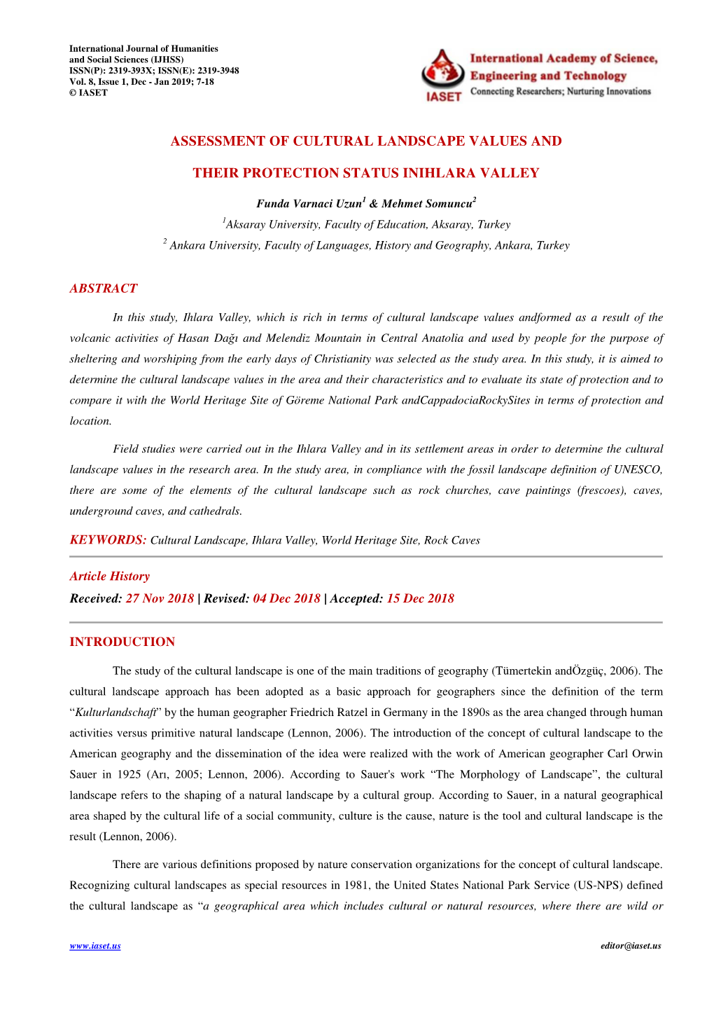 Assessment of Cultural Landscape Values and Their Protection Status in Ihlara Valley