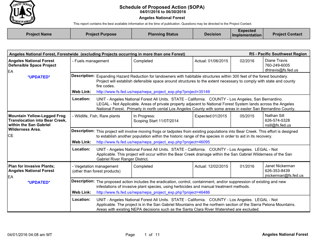 Schedule of Proposed Action (SOPA) 04/01/2016 to 06/30/2016 Angeles National Forest This Report Contains the Best Available Information at the Time of Publication