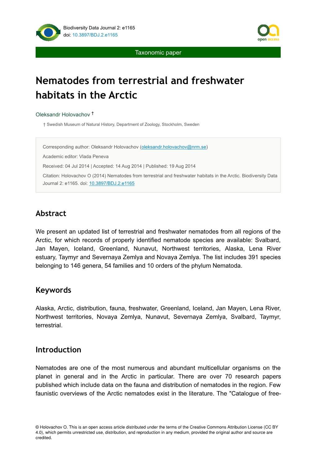 Nematodes from Terrestrial and Freshwater Habitats in the Arctic