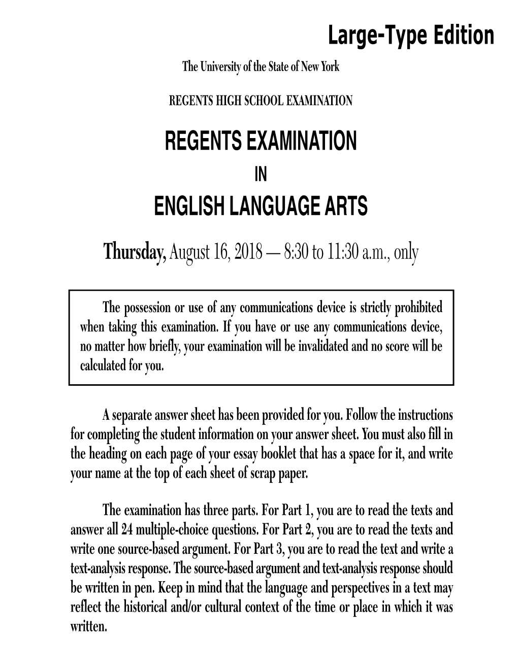 Regents Exam in English, Language and Arts, August 2018, Largetype