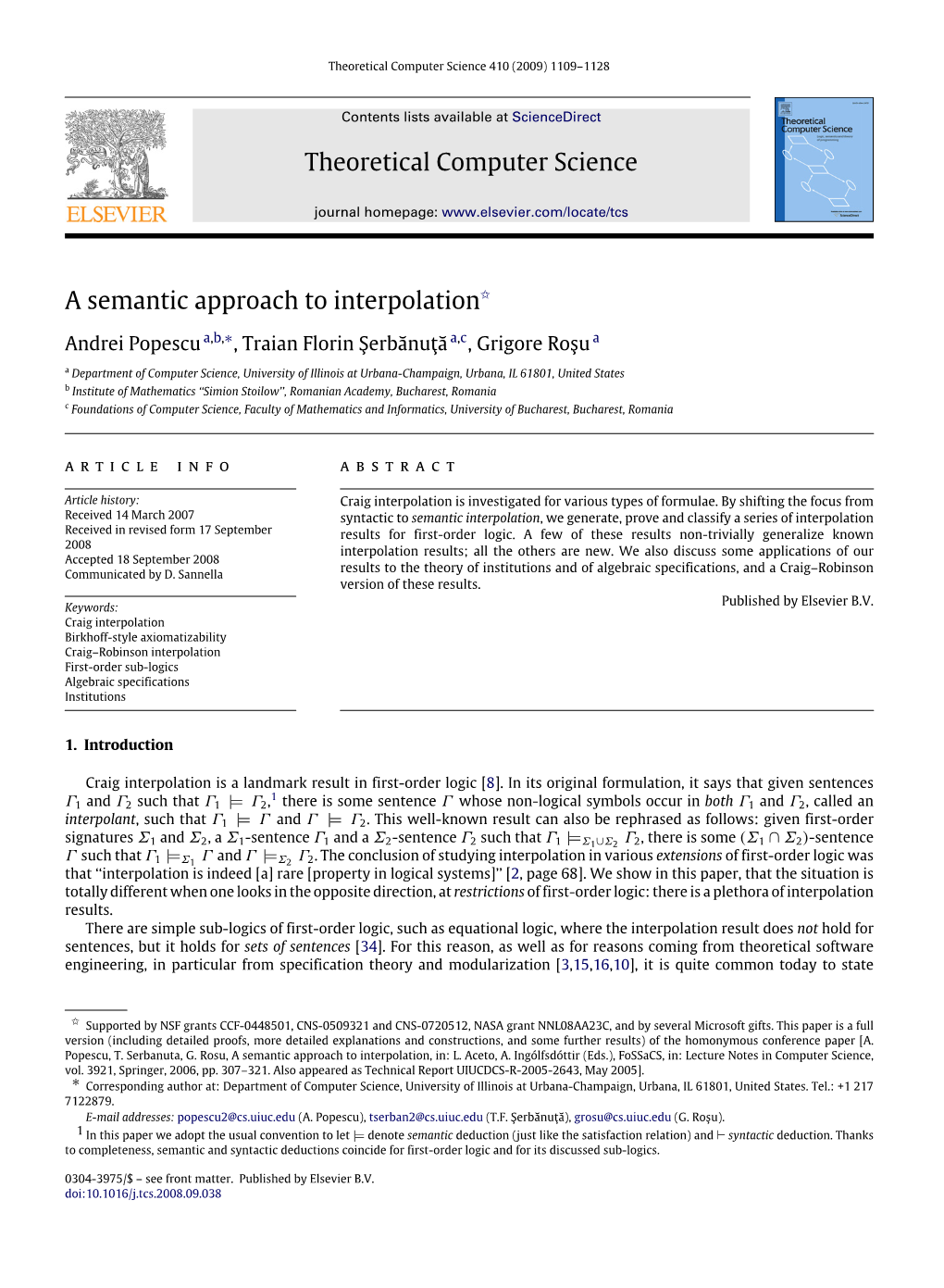 Theoretical Computer Science a Semantic Approach to Interpolation$