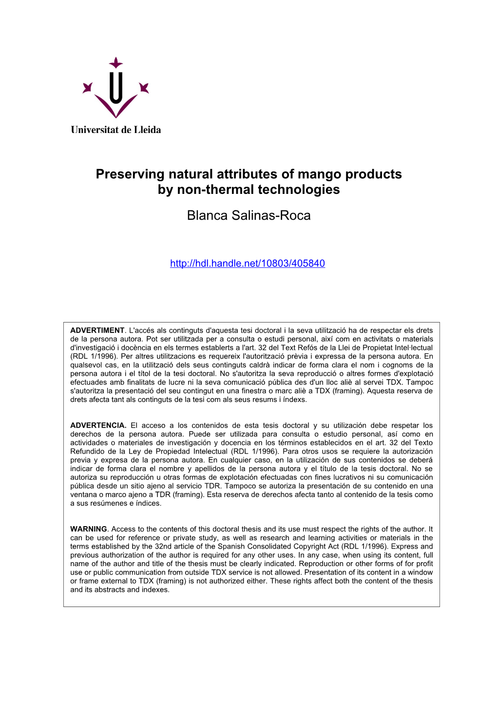 Preserving Natural Attributes of Mango Products by Non-Thermal Technologies Blanca Salinas-Roca