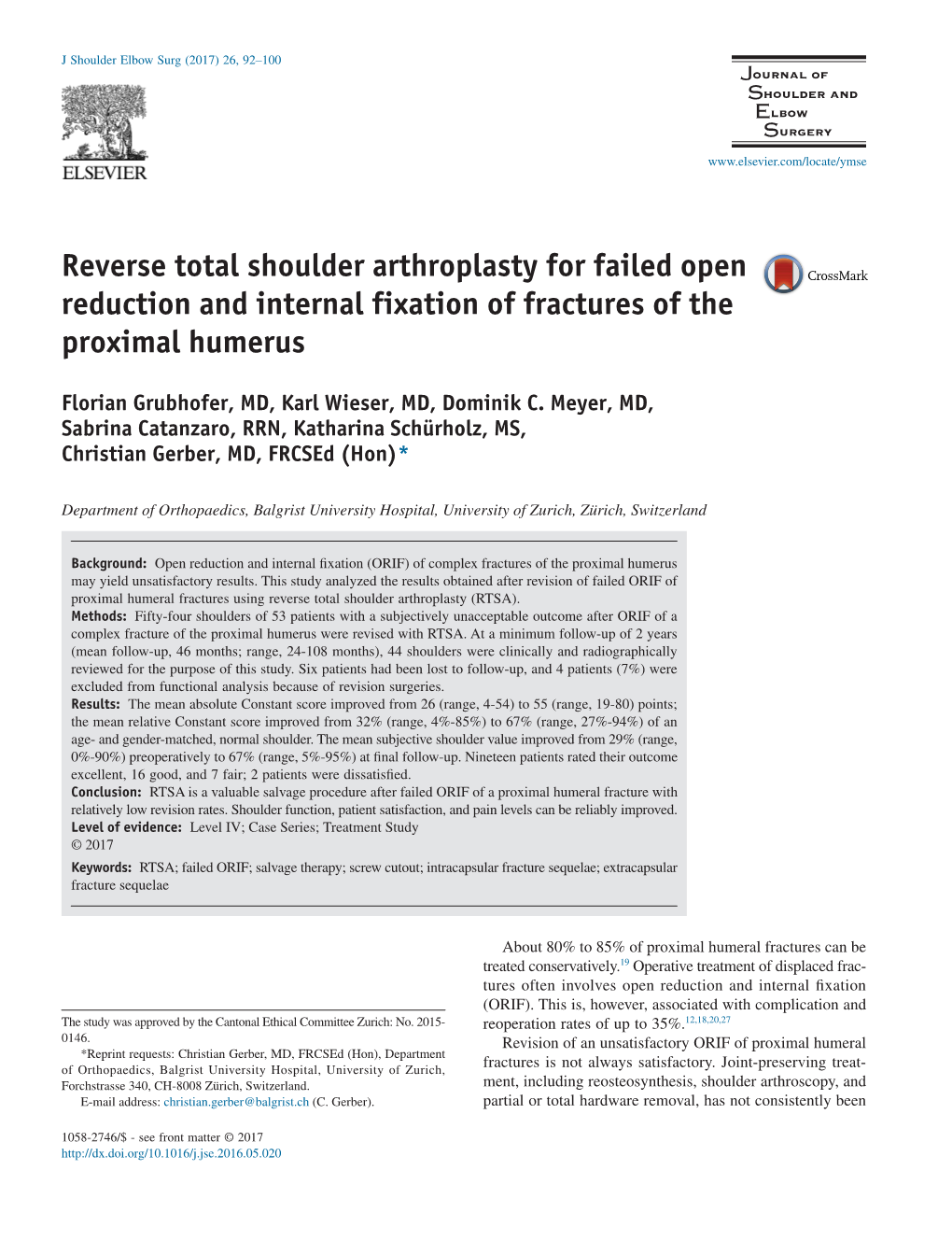 Reverse Total Shoulder Arthroplasty for Failed Open Reduction and Internal Fixation of Fractures of the Proximal Humerus