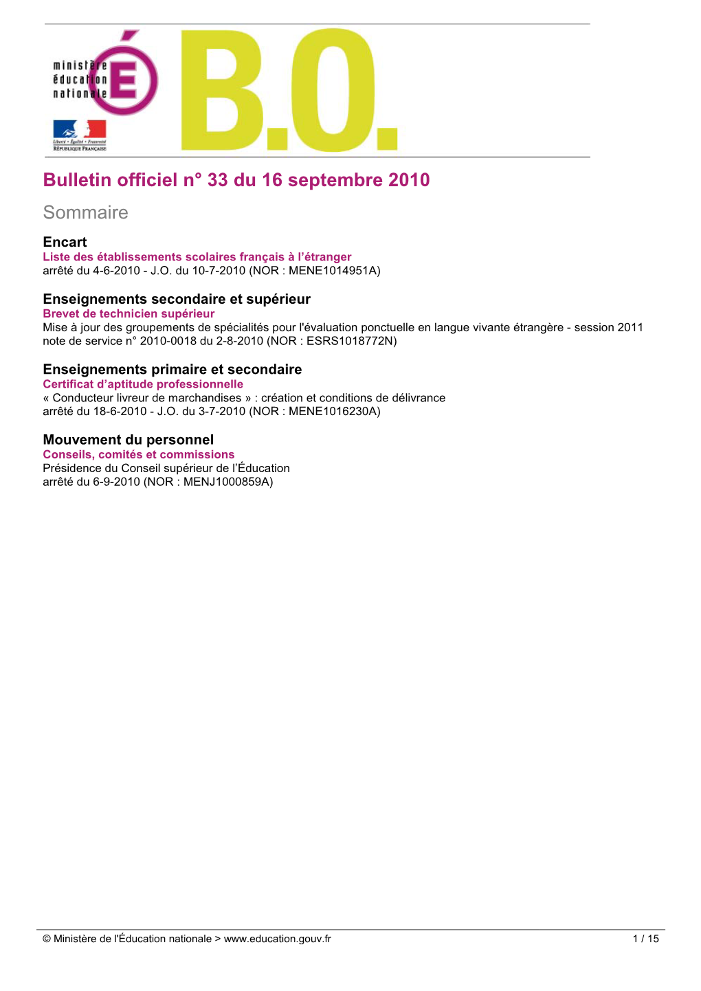 Bulletin Officiel N° 33 Du 16 Septembre 2010 Sommaire