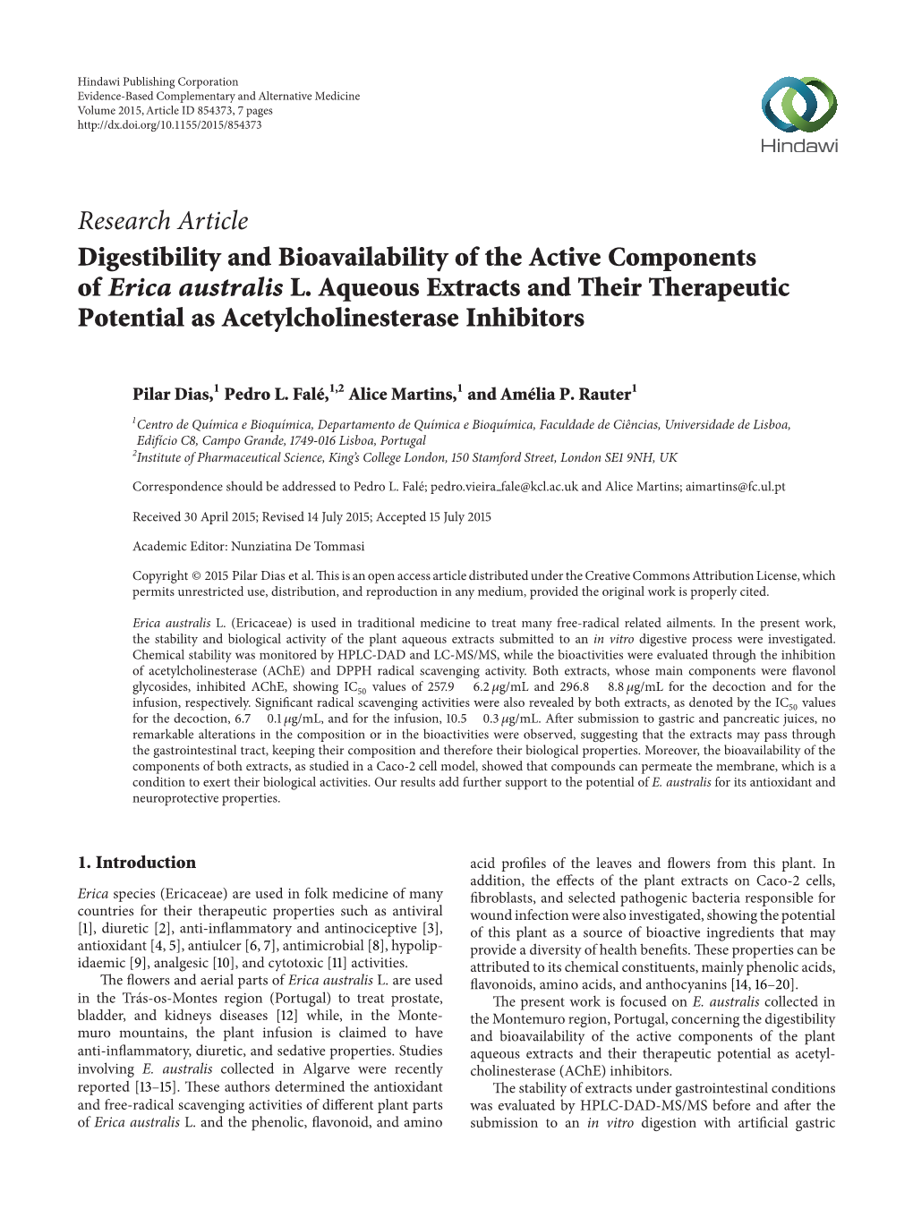 Research Article Digestibility and Bioavailability of the Active Components of Erica Australis L