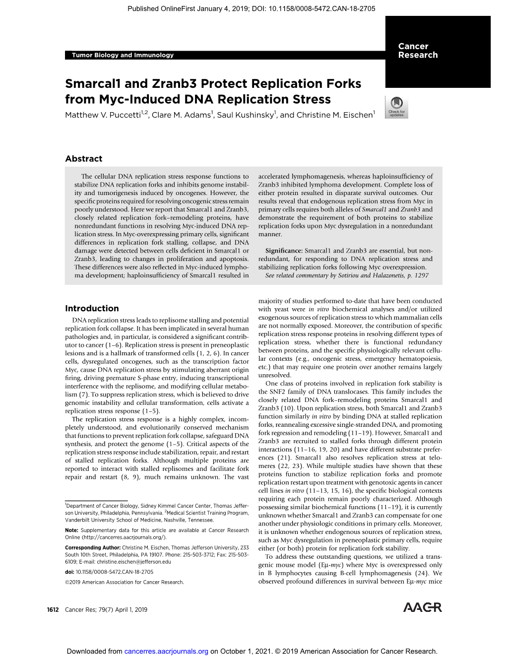 Smarcal1 and Zranb3 Protect Replication Forks from Myc-Induced DNA Replication Stress Matthew V