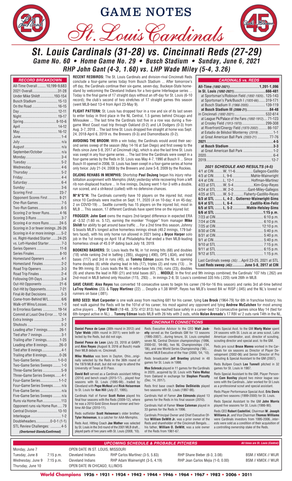 St. Louis Cardinals (31-28) Vs. Cincinnati Reds (27-29) Game No